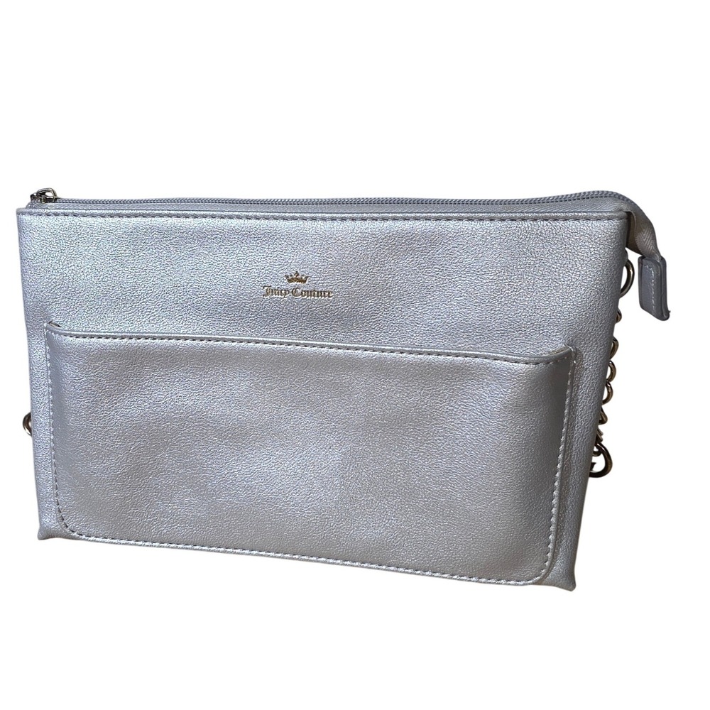Juicy Couture Silver Metallic Clutch Crossbody Chain Strap Bag 3 Inside Pockets